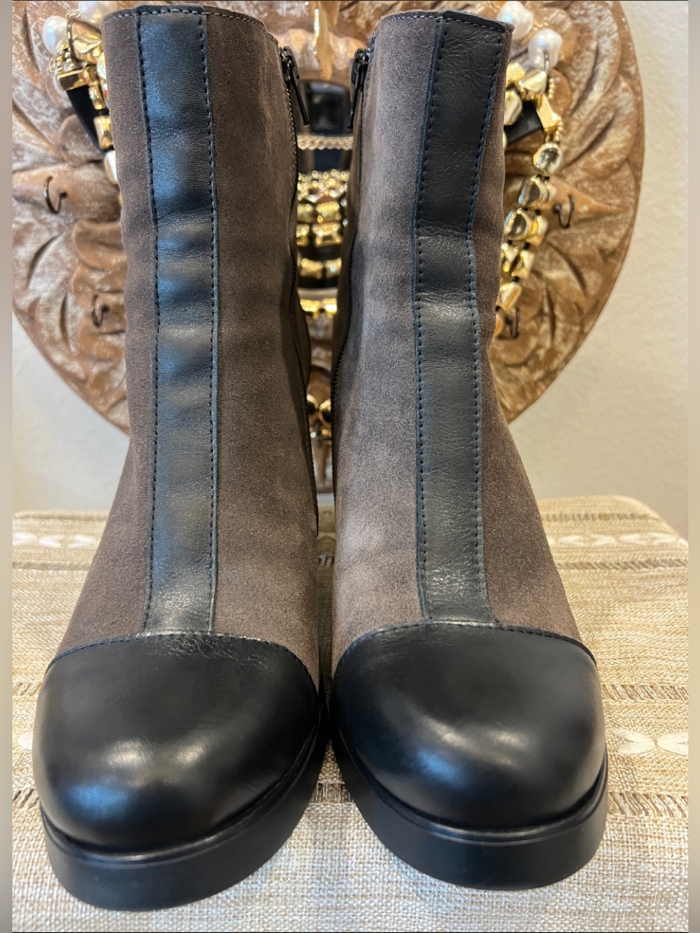 Womens Taupe Suede Ankle Boots with Black Leather Trim.  Size 40.